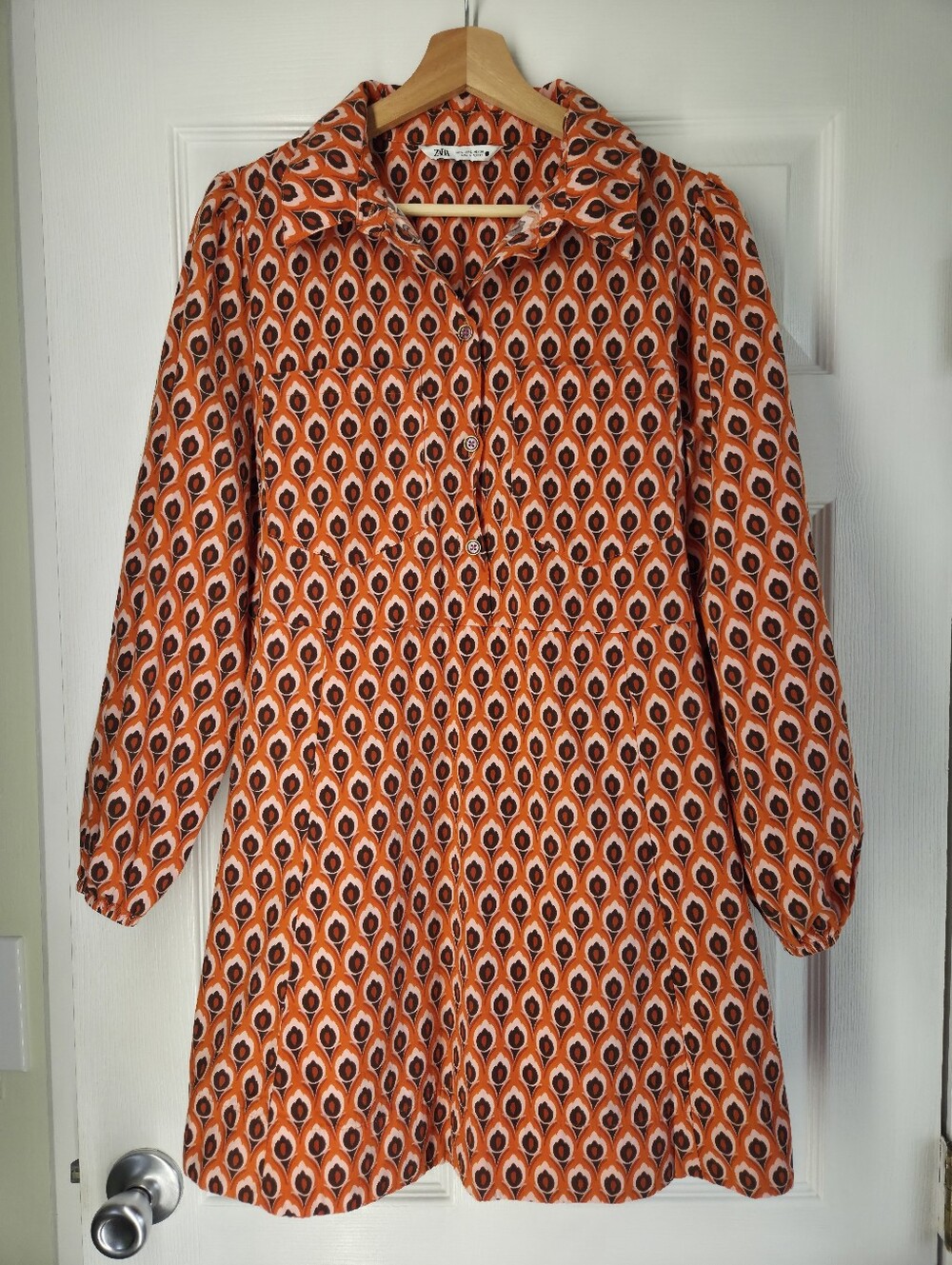 ZARA ✨️ Retro Orange Patterned Long-Sleeve Shirt Dress Size L